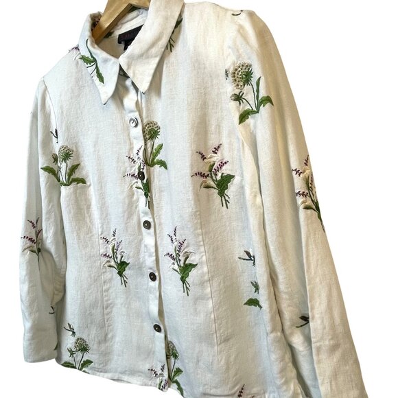 Nina McLemore White Linen Jacket Size 8 Embroidered Floral Blouse White Resort - Picture 6 of 10